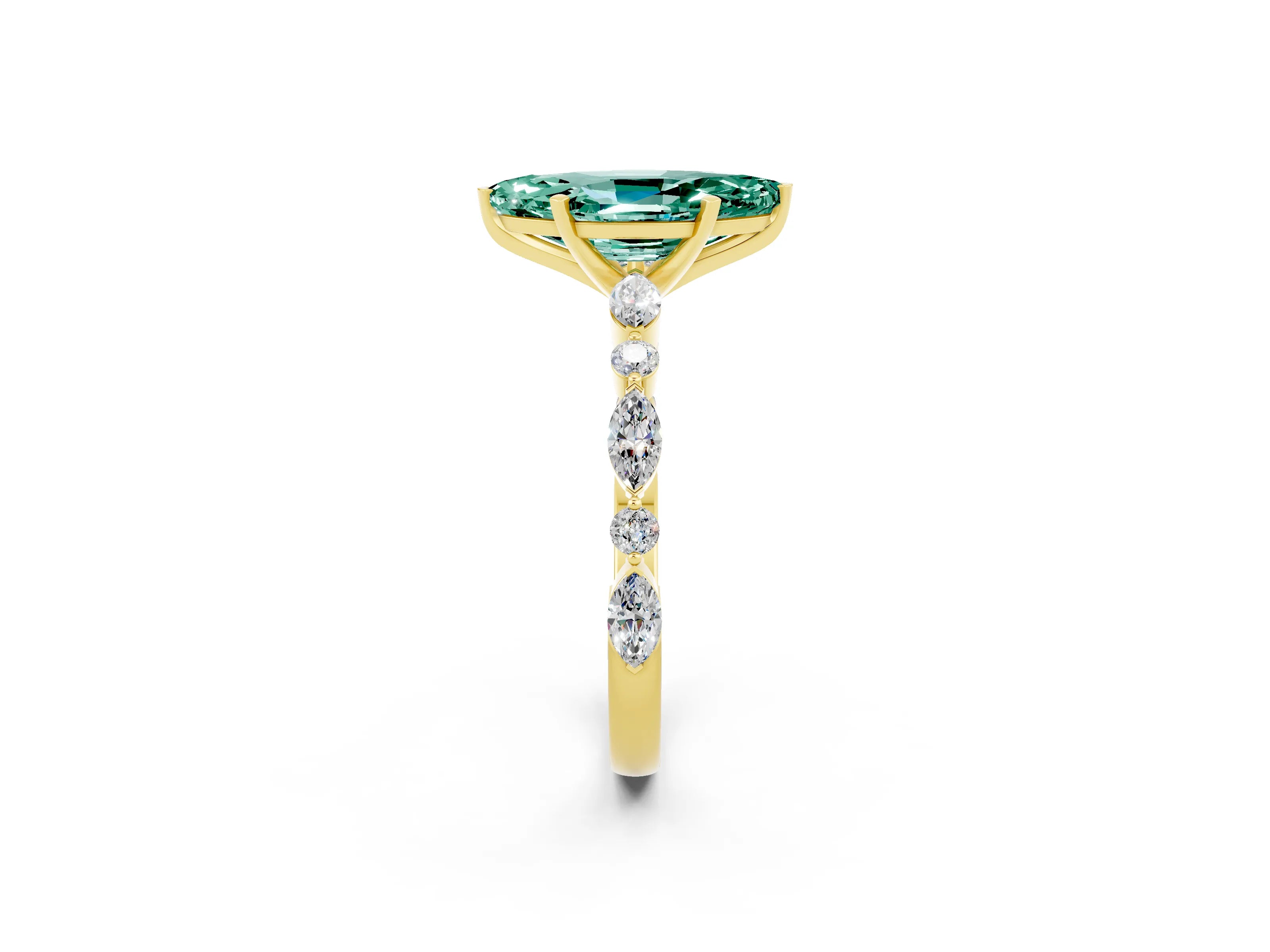 Yellow gold Marquise Cut Green Sapphire Solitaire with Side Stones on a Pavé Band and Four-Prong Setting_2