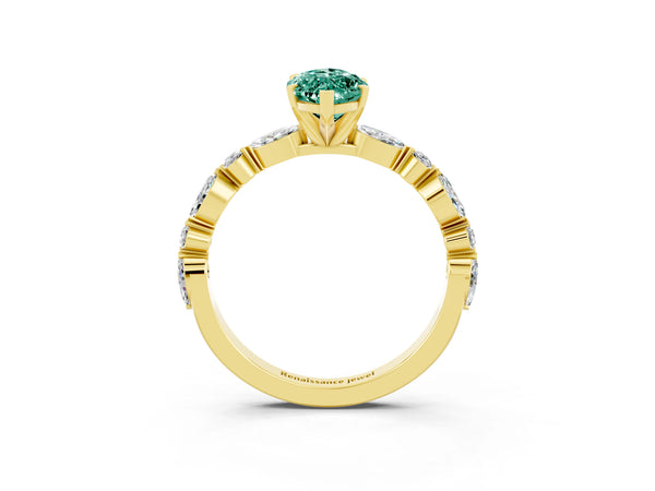 Yellow gold Marquise Cut Green Sapphire Ring with Marquise and Round  Side Stones and Four-Prong Setting