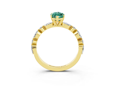 Yellow gold Marquise Cut Green Sapphire Solitaire with Side Stones on a Pavé Band and Four-Prong Setting_3