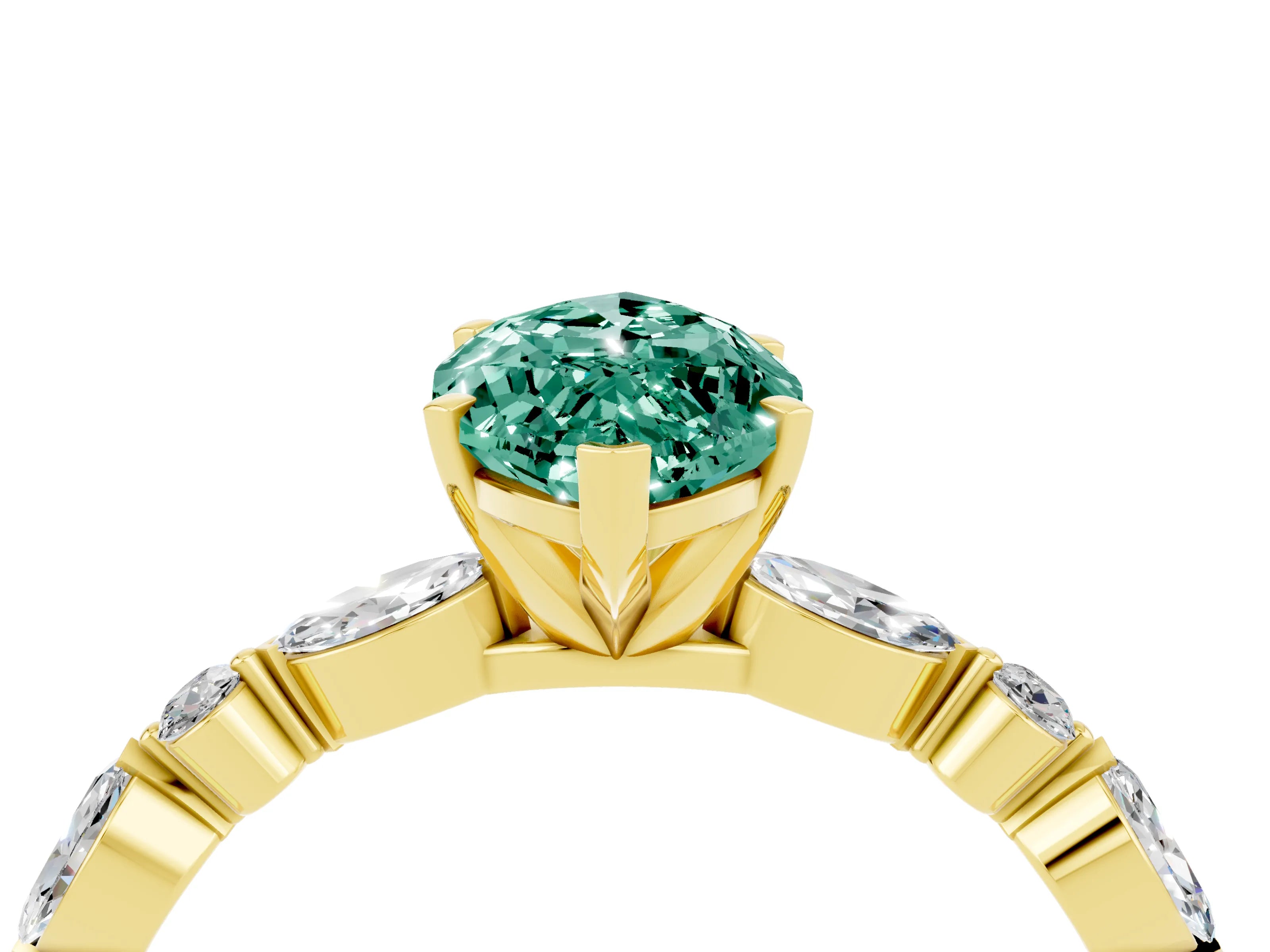 Yellow gold Marquise Cut Green Sapphire Solitaire with Side Stones on a Pavé Band and Four-Prong Setting_4