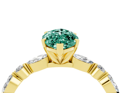 Yellow gold Marquise Cut Green Sapphire Solitaire with Side Stones on a Pavé Band and Four-Prong Setting_4