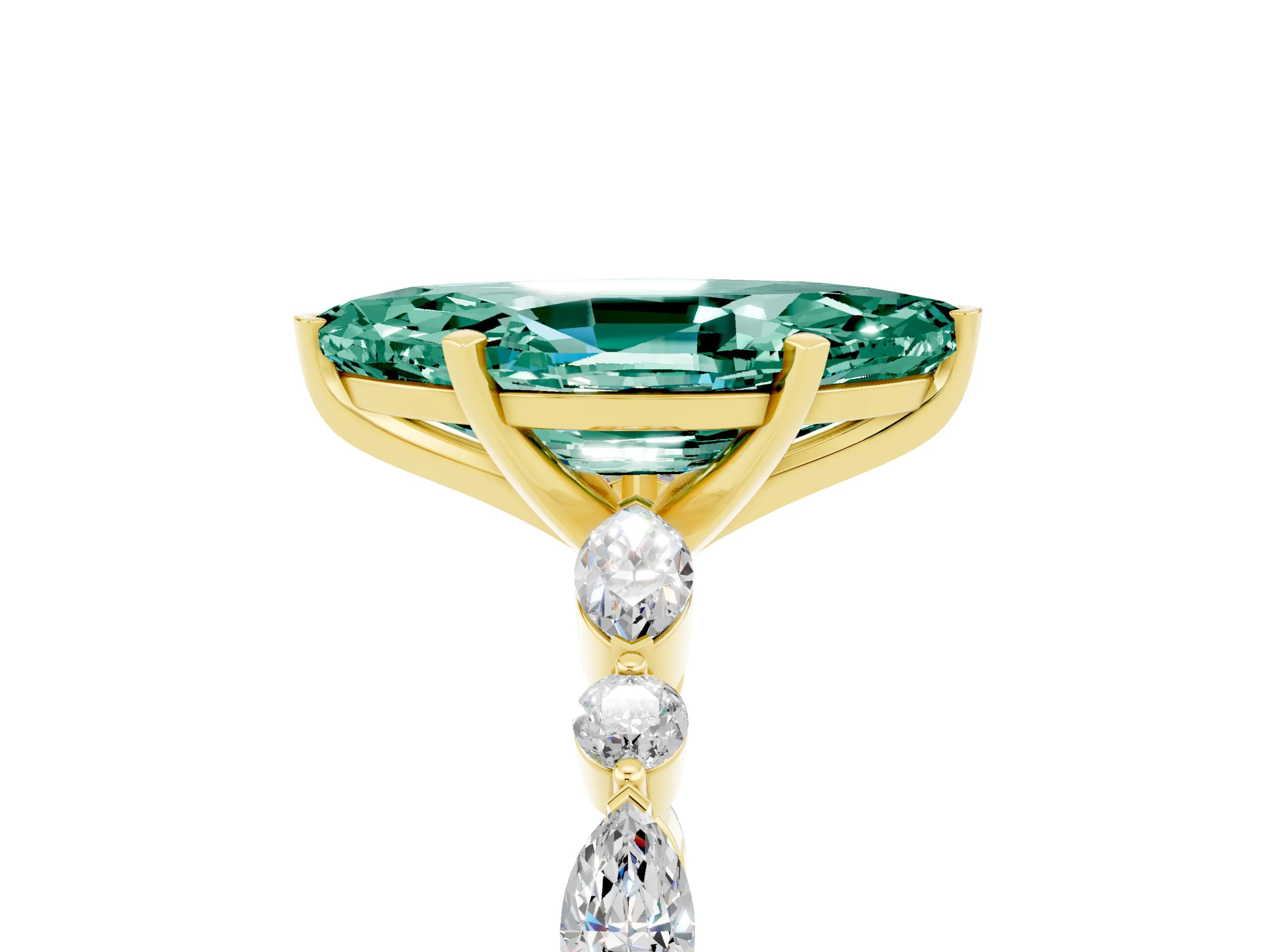 Yellow gold Marquise Cut Green Sapphire Solitaire with Side Stones on a Pavé Band and Four-Prong Setting_5