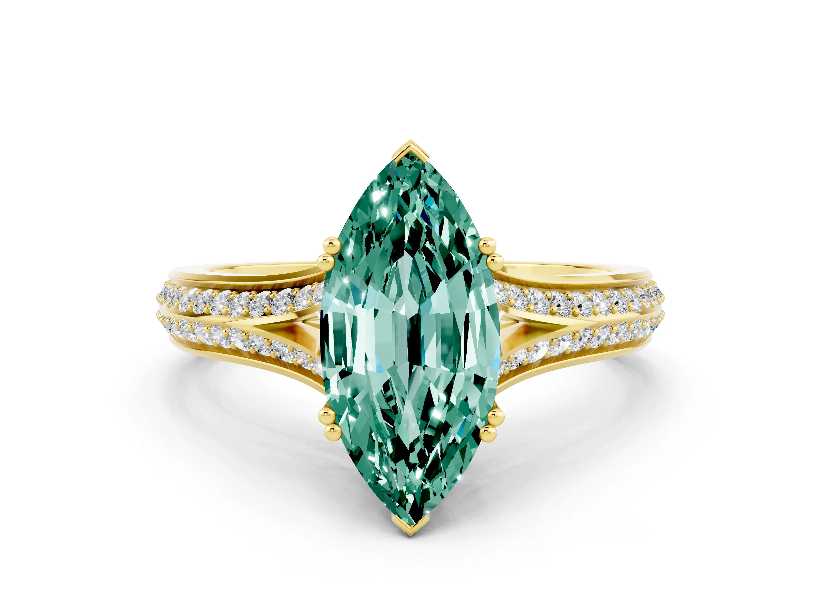 Yellow gold Marquise Cut Green Sapphire Split Shank Engagement Ring with Pavé Band