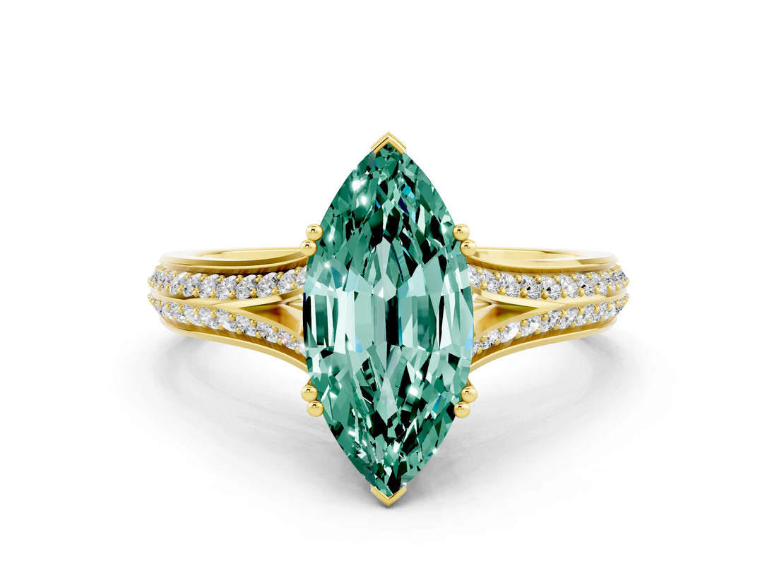 Yellow gold Marquise Cut Green Sapphire Split Shank Engagement Ring with Pavé Band