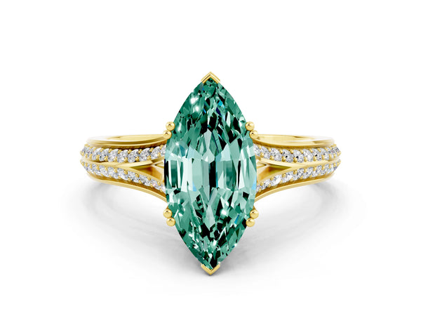 Yellow gold Marquise Cut Green Sapphire Split Shank Engagement Ring with Pavé Band