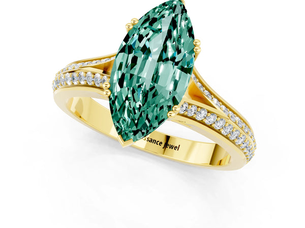 Yellow gold Marquise Cut Green Sapphire Split Shank Engagement Ring with Pavé Band