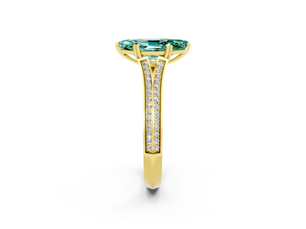 Yellow gold Marquise Cut Green Sapphire Split Shank Engagement Ring with Pavé Band