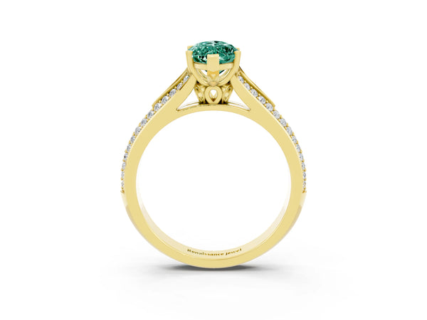Yellow gold Marquise Cut Green Sapphire Split Shank Engagement Ring with Pavé Band