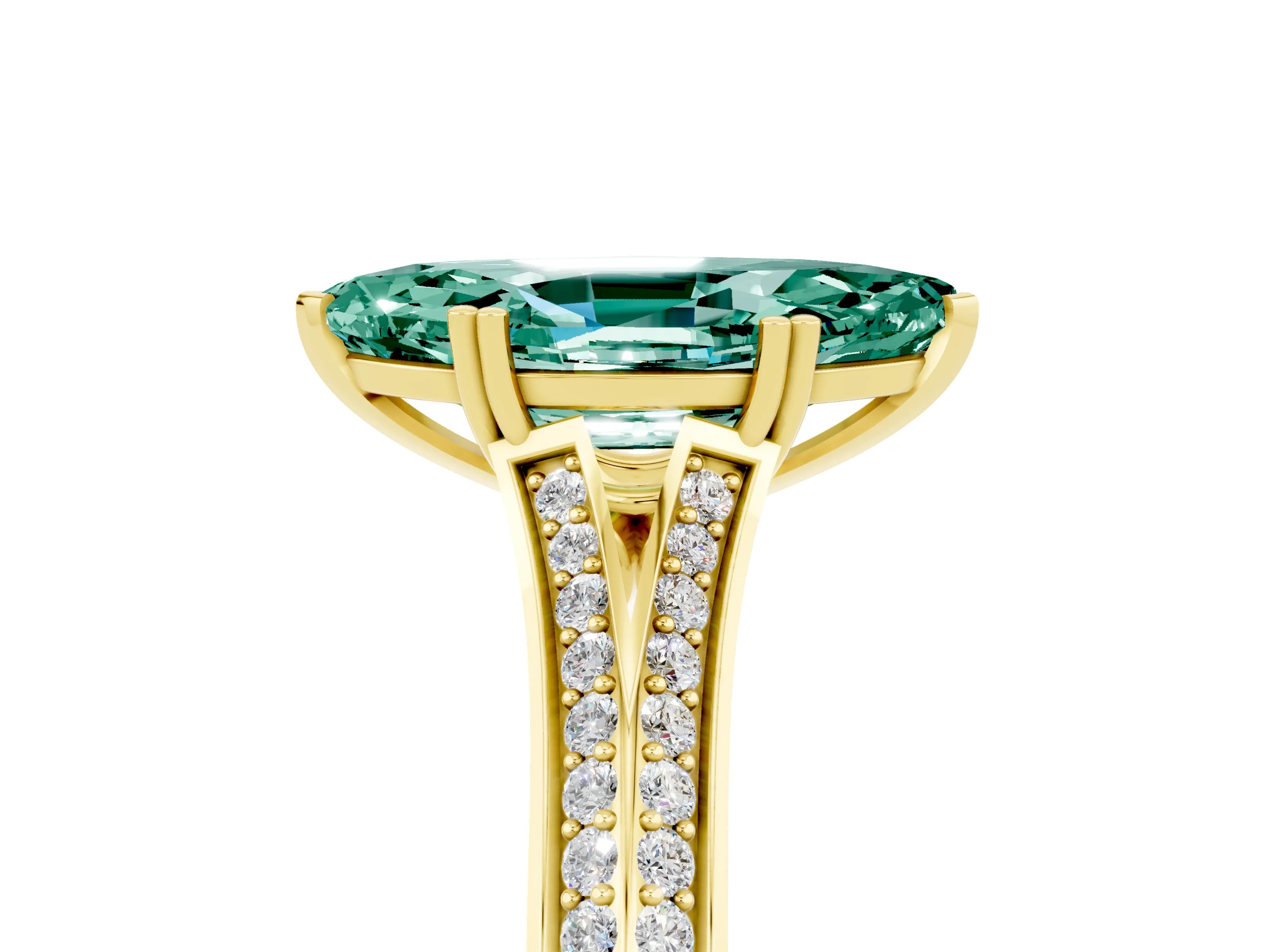 Yellow gold Marquise Cut Green Sapphire Split Shank Engagement Ring with Pavé Band_5