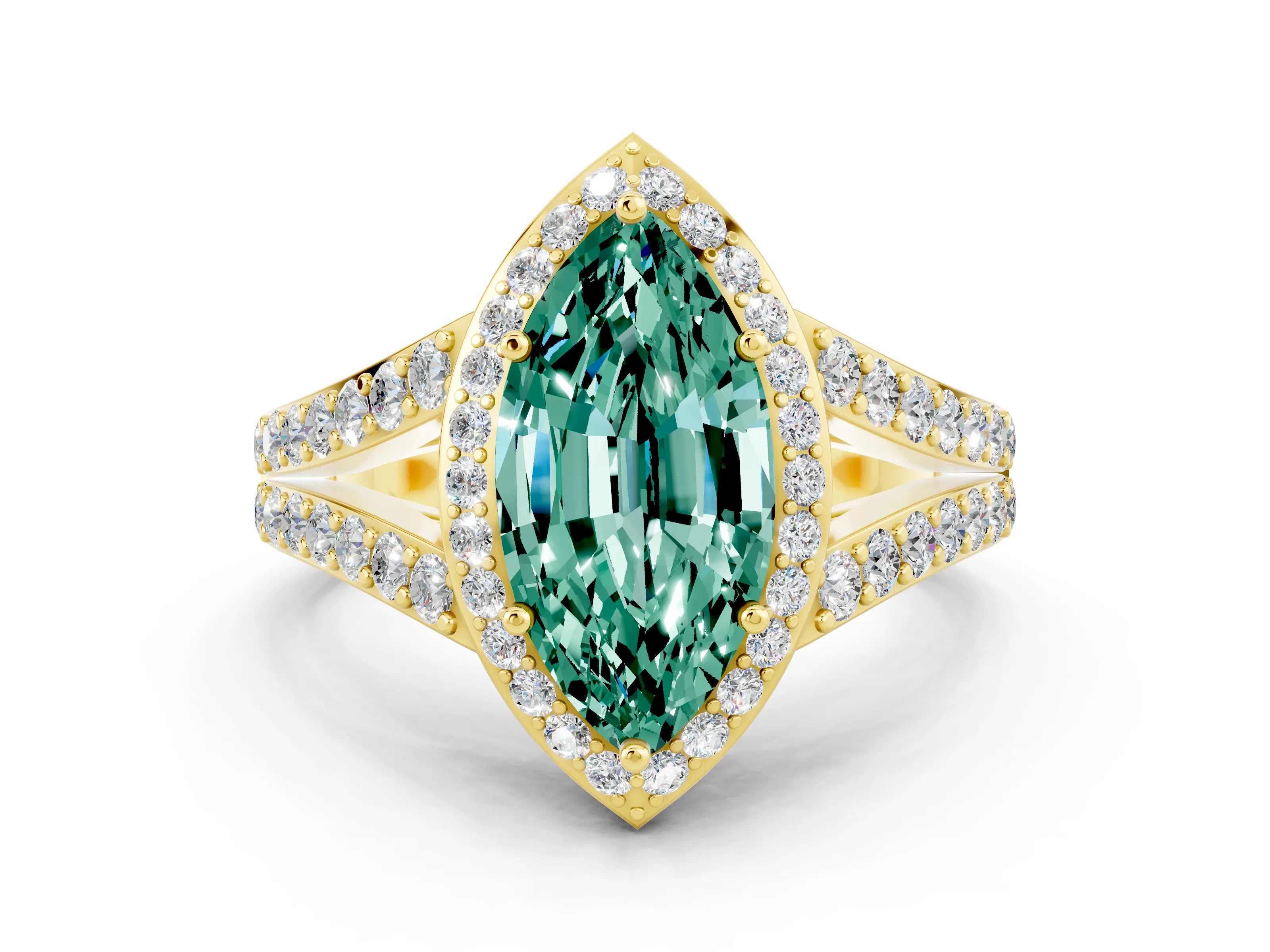 Yellow gold Marquise Cut Green Sapphire Split Shank Halo Ring with Four-Prong Setting_12