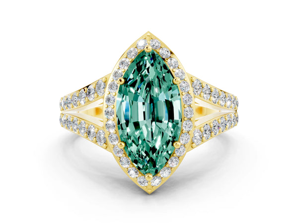 Yellow gold Marquise Cut Green Sapphire Split Shank Halo Ring with Four-Prong Setting