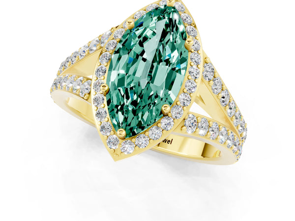 Yellow gold Marquise Cut Green Sapphire Split Shank Halo Ring with Four-Prong Setting