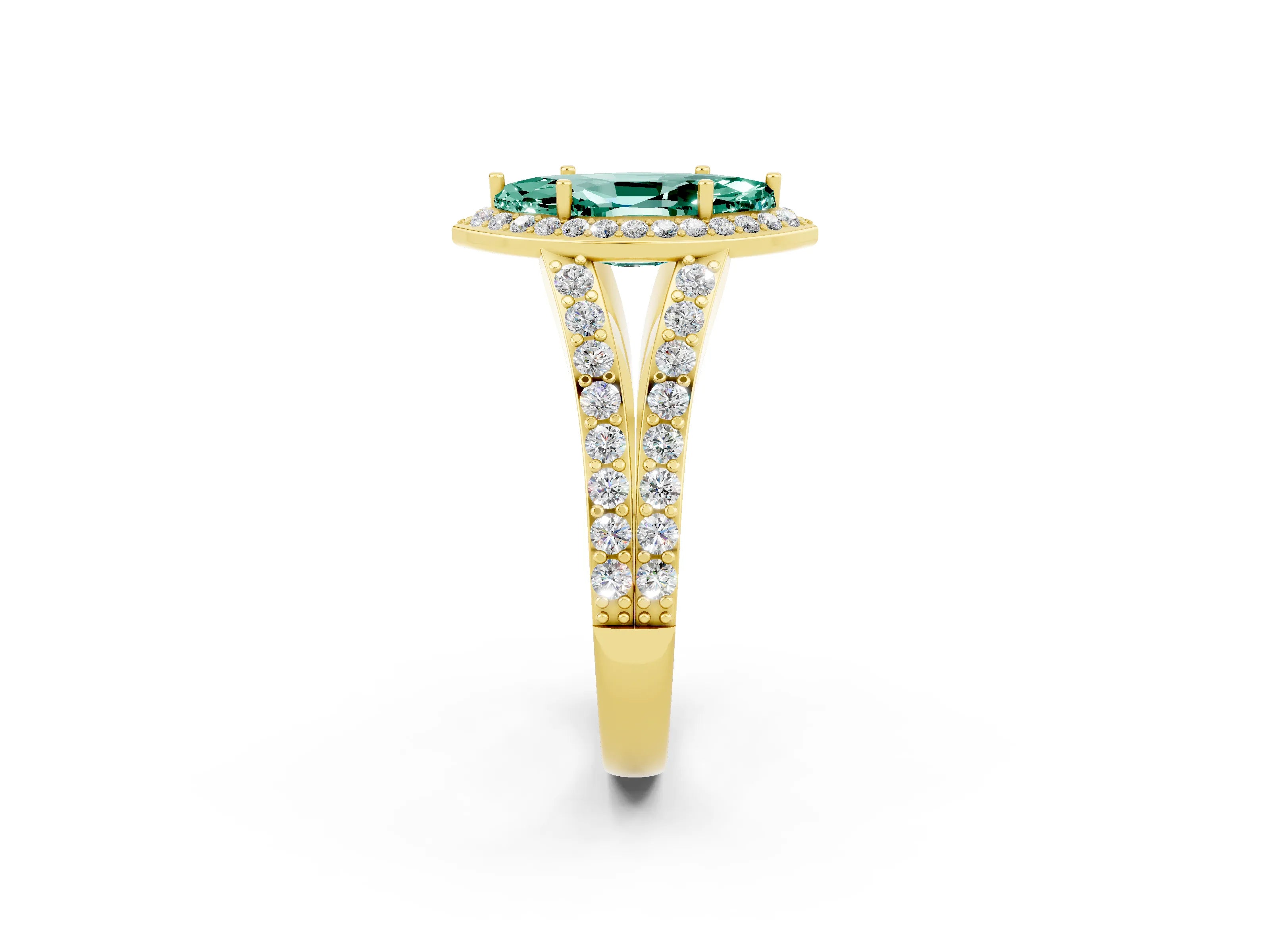 Yellow gold Marquise Cut Green Sapphire Split Shank Halo Ring with Four-Prong Setting_14