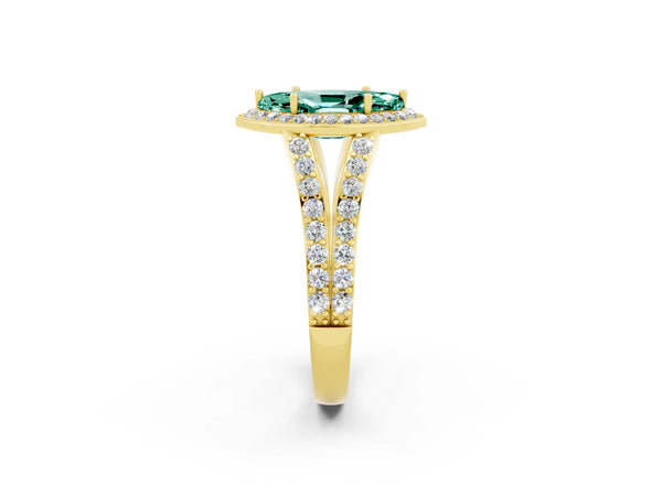 Yellow gold Marquise Cut Green Sapphire Split Shank Halo Ring with Four-Prong Setting