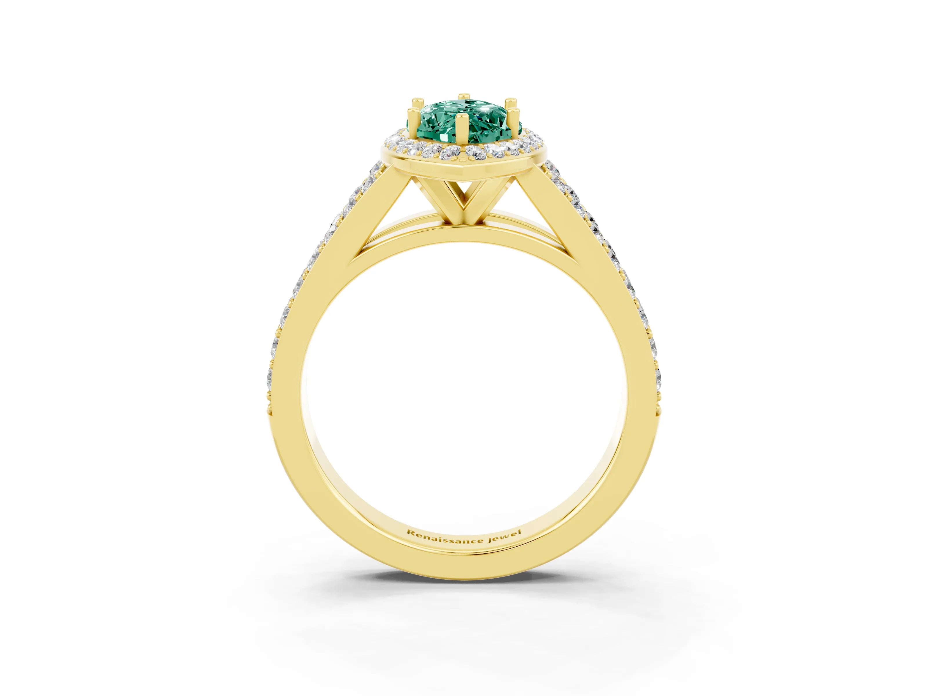 Yellow gold Marquise Cut Green Sapphire Split Shank Halo Ring with Four-Prong Setting_15