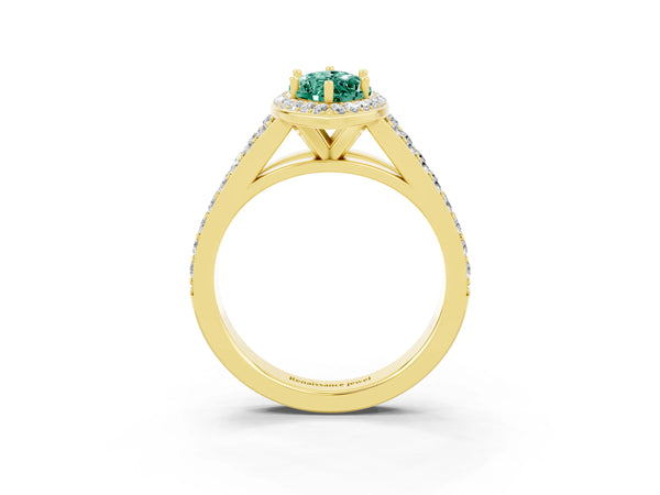 Yellow gold Marquise Cut Green Sapphire Split Shank Halo Ring with Four-Prong Setting