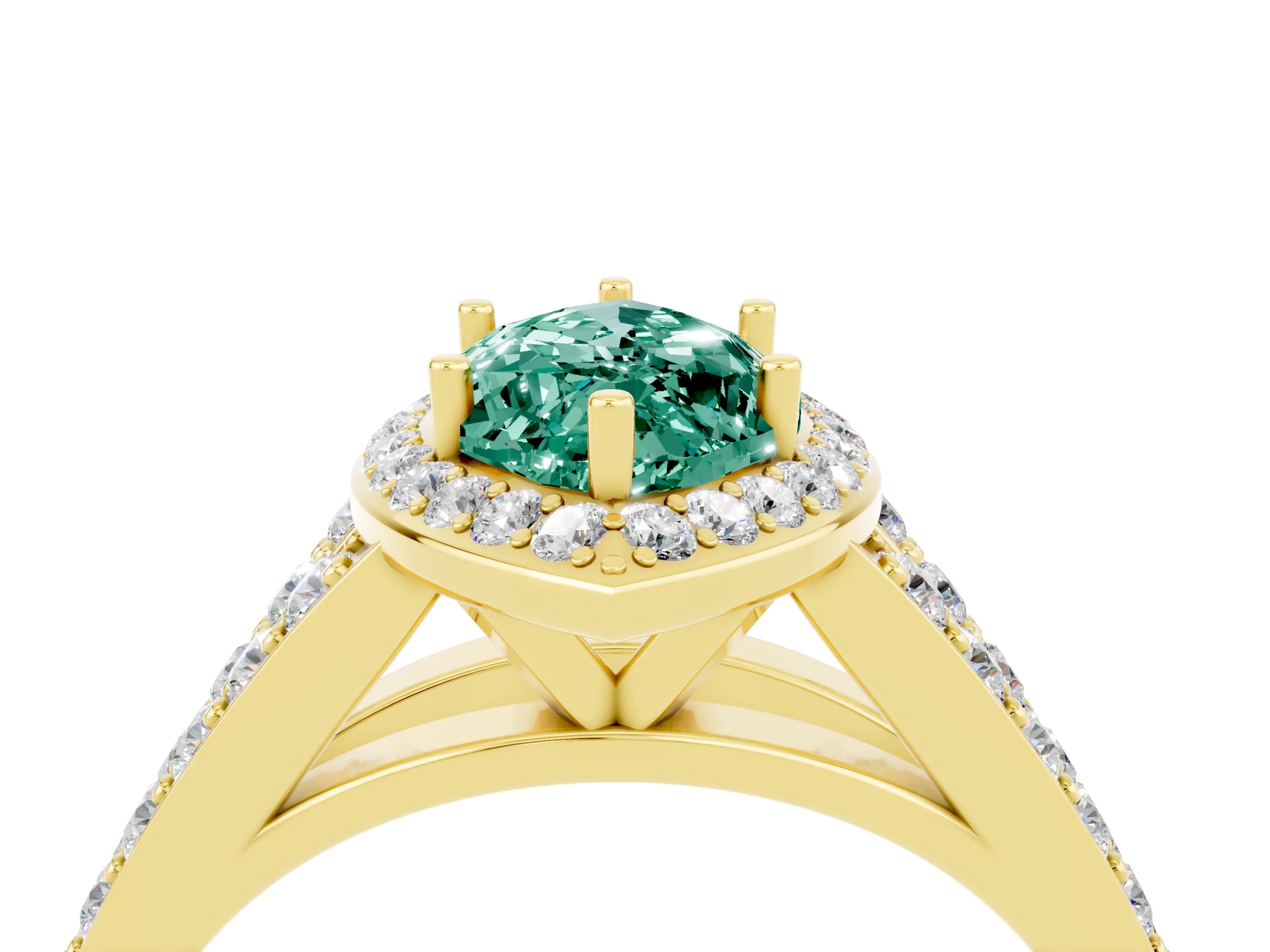 Yellow gold Marquise Cut Green Sapphire Split Shank Halo Ring with Four-Prong Setting_16