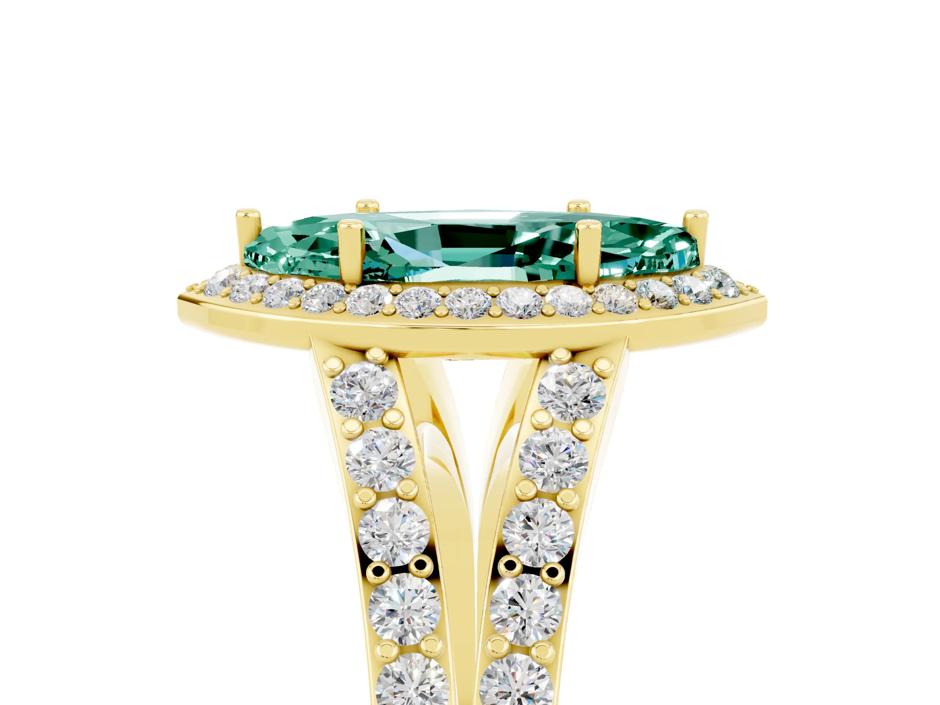 Yellow gold Marquise Cut Green Sapphire Split Shank Halo Ring with Four-Prong Setting_17