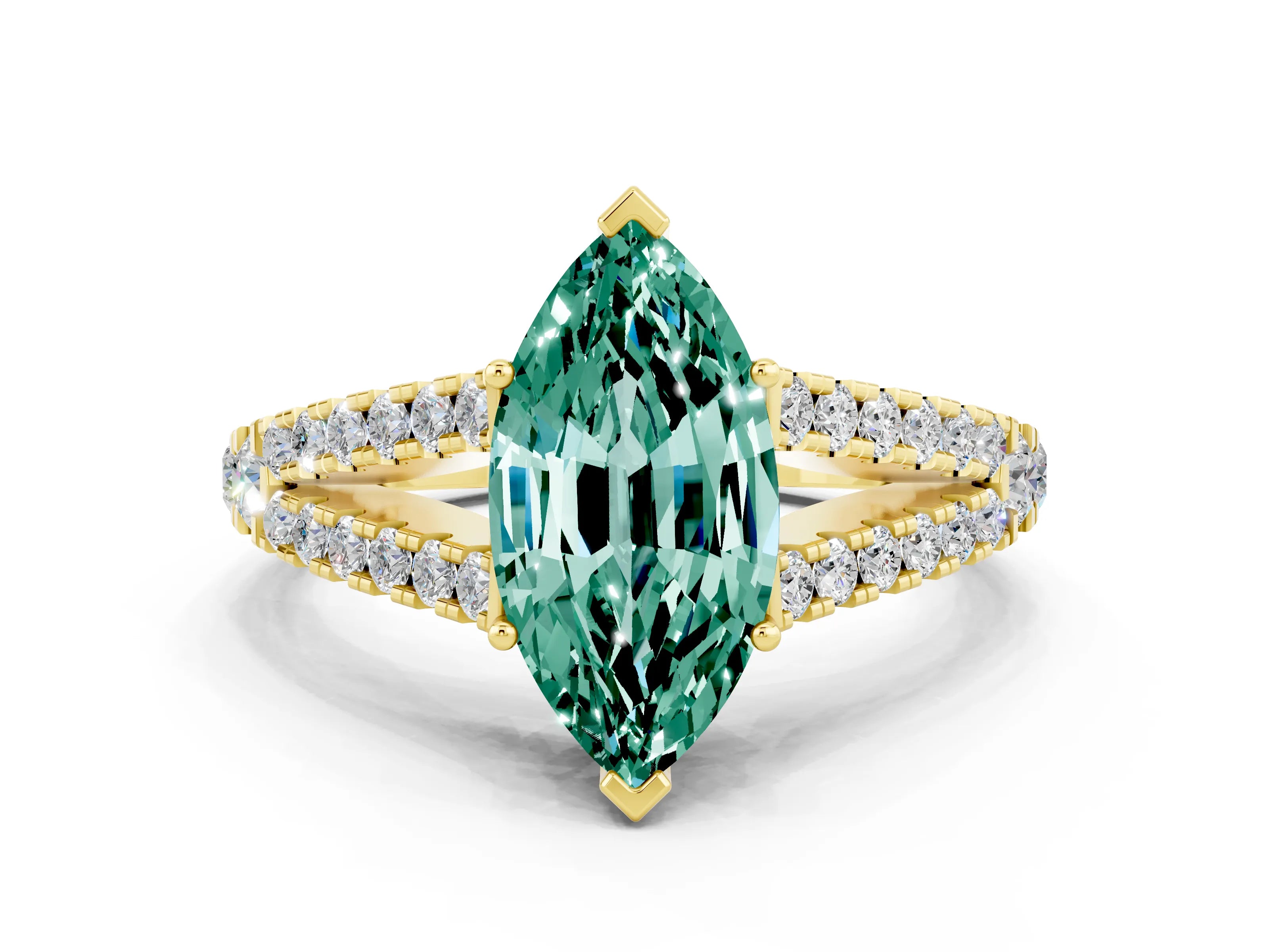 Yellow gold Marquise Cut Green Sapphire Split Shank Pavé Engagement Ring with Four-Prong Setting_12