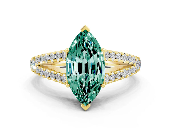 Yellow gold Marquise Cut Green Sapphire Split Shank Pavé Engagement Ring with Four-Prong Setting