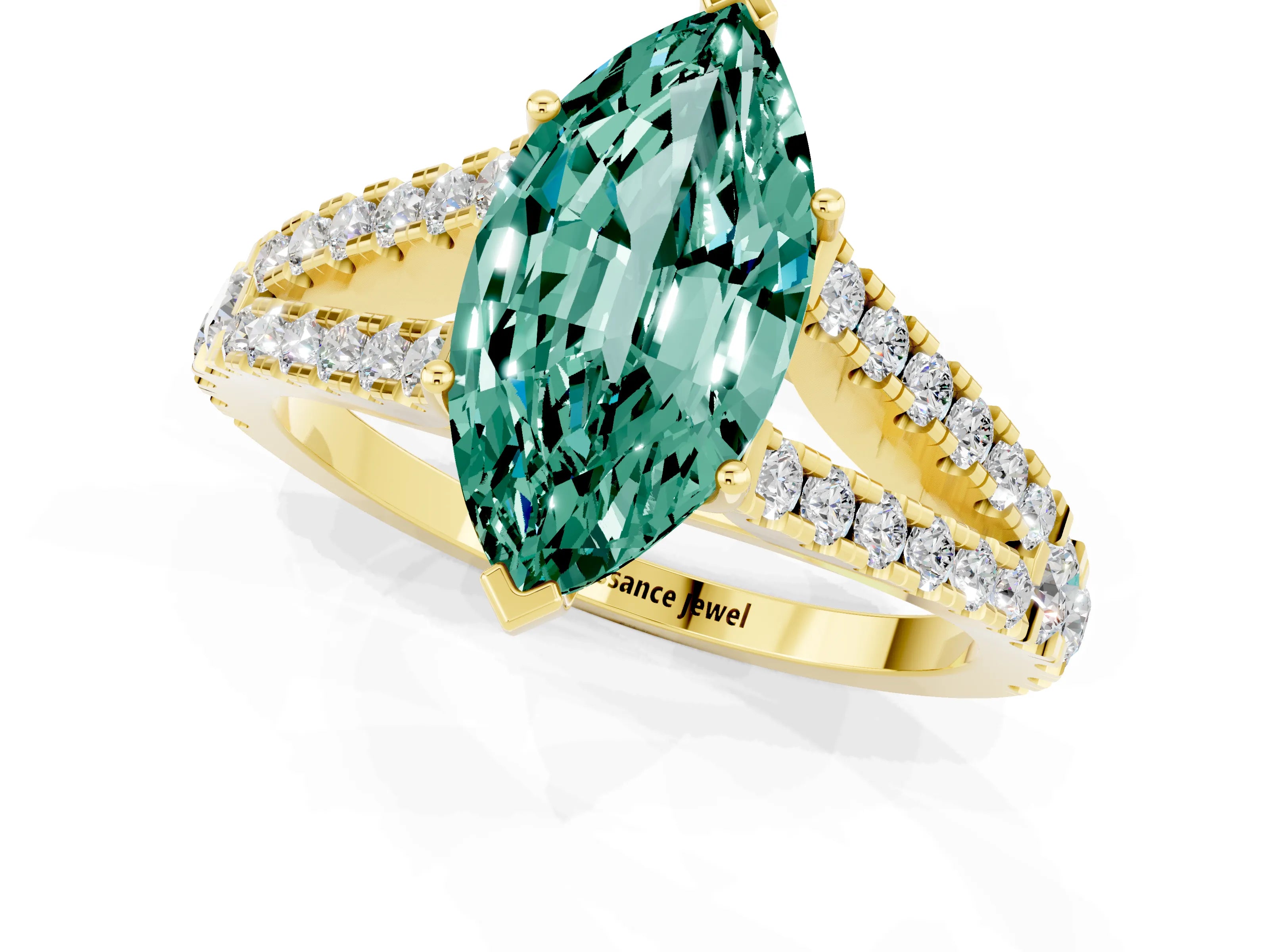 Yellow gold Marquise Cut Green Sapphire Split Shank Pavé Engagement Ring with Four-Prong Setting_13