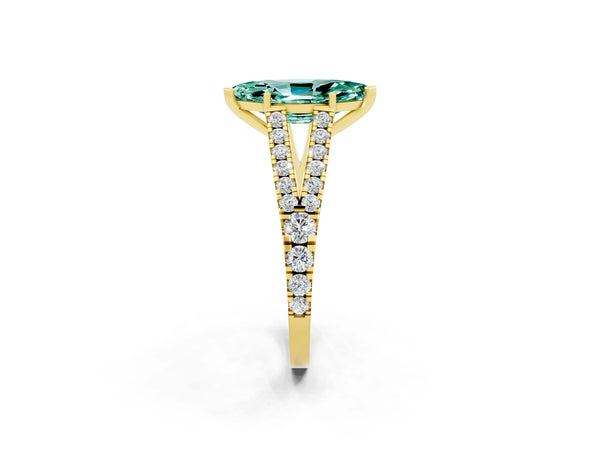 Yellow gold Marquise Cut Green Sapphire Split Shank Pavé Engagement Ring with Four-Prong Setting