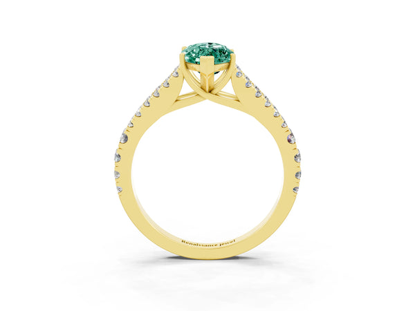 Yellow gold Marquise Cut Green Sapphire Split Shank Pavé Engagement Ring with Four-Prong Setting
