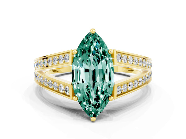 Yellow gold Marquise Cut Green Sapphire Split Shank Ring with Pavé Band and Four-Prong Setting