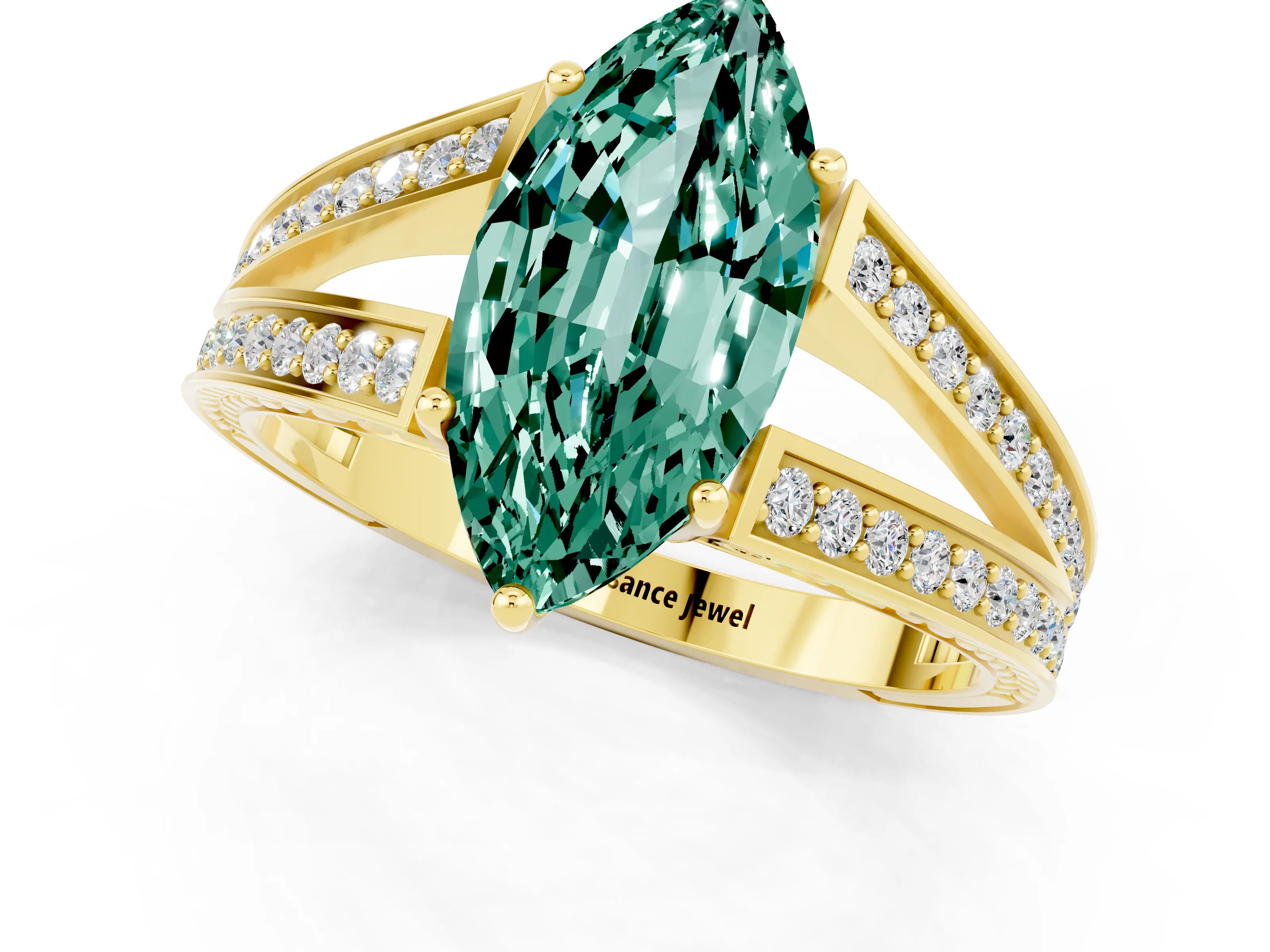 Yellow gold Marquise Cut Green Sapphire Split Shank Ring with Pavé Band and Four-Prong Setting_1