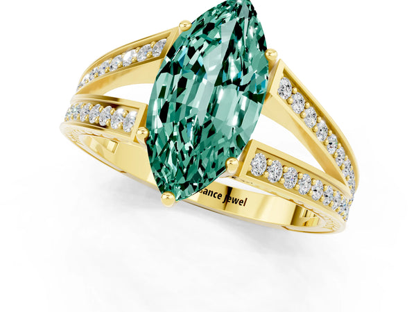 Yellow gold Marquise Cut Green Sapphire Split Shank Ring with Pavé Band and Four-Prong Setting
