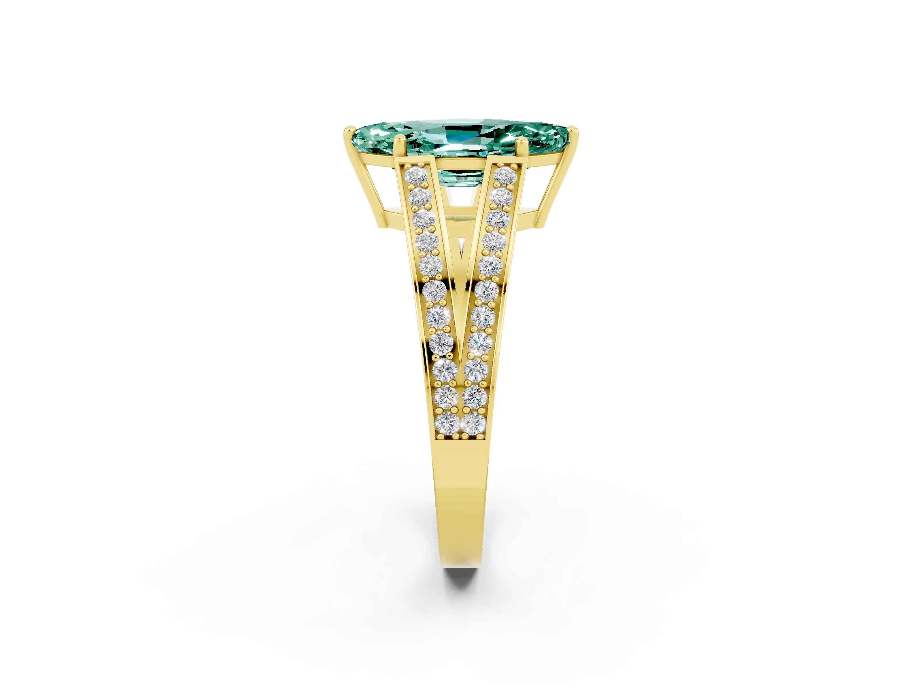Yellow gold Marquise Cut Green Sapphire Split Shank Ring with Pavé Band and Four-Prong Setting_2