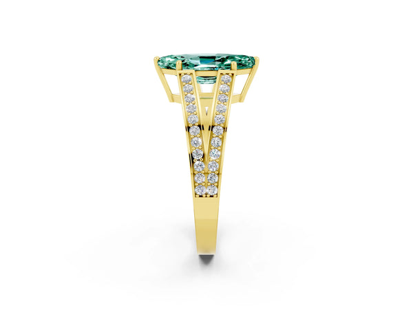 Yellow gold Marquise Cut Green Sapphire Split Shank Ring with Pavé Band and Four-Prong Setting