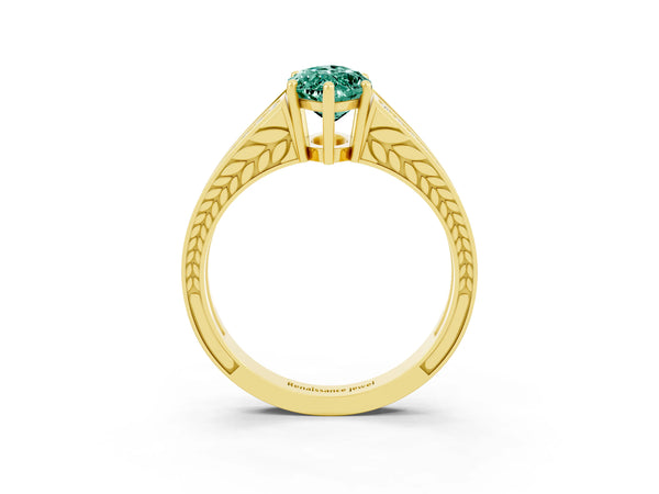 Yellow gold Marquise Cut Green Sapphire Split Shank Ring with Pavé Band and Four-Prong Setting