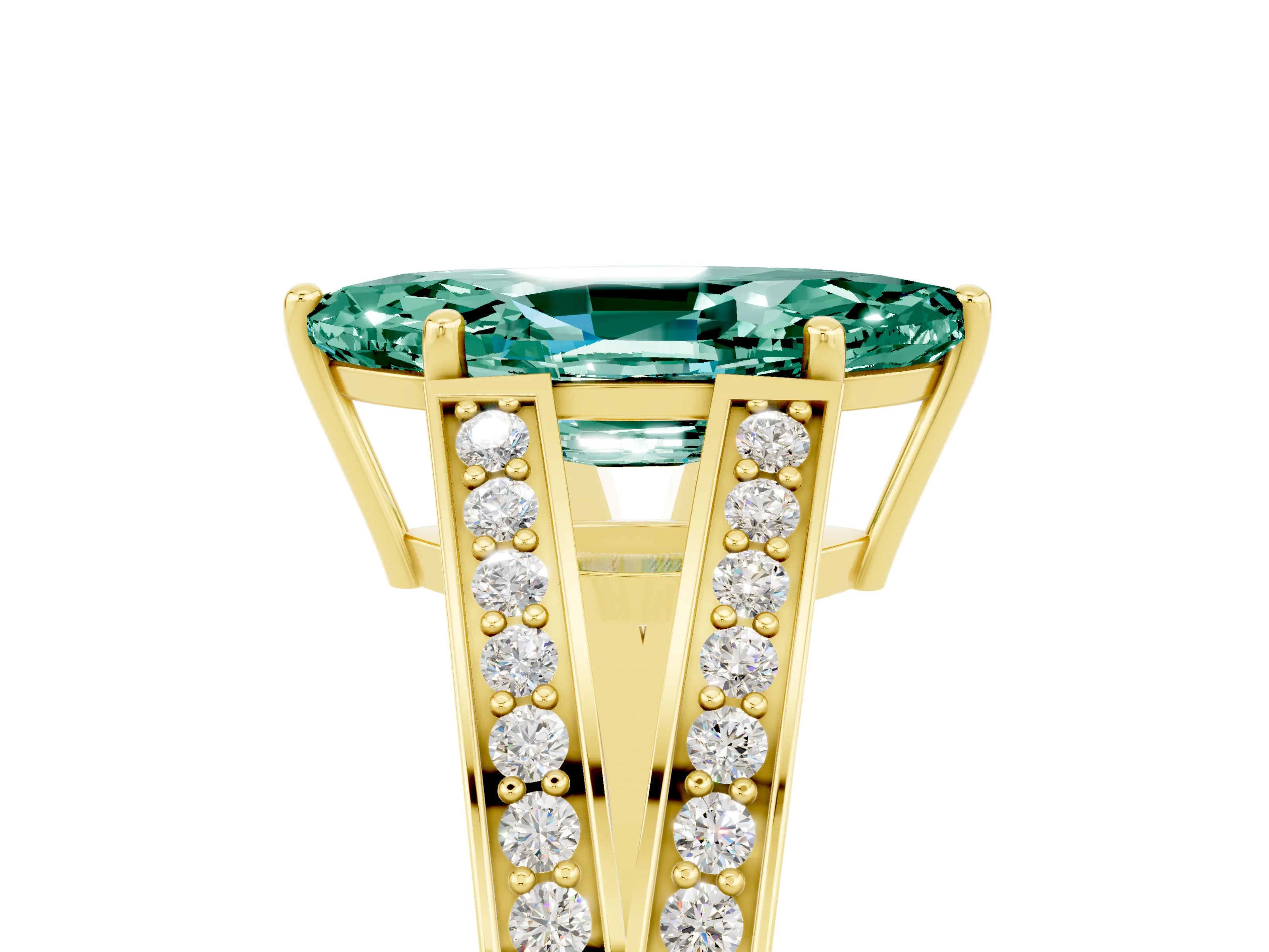 Yellow gold Marquise Cut Green Sapphire Split Shank Ring with Pavé Band and Four-Prong Setting_5