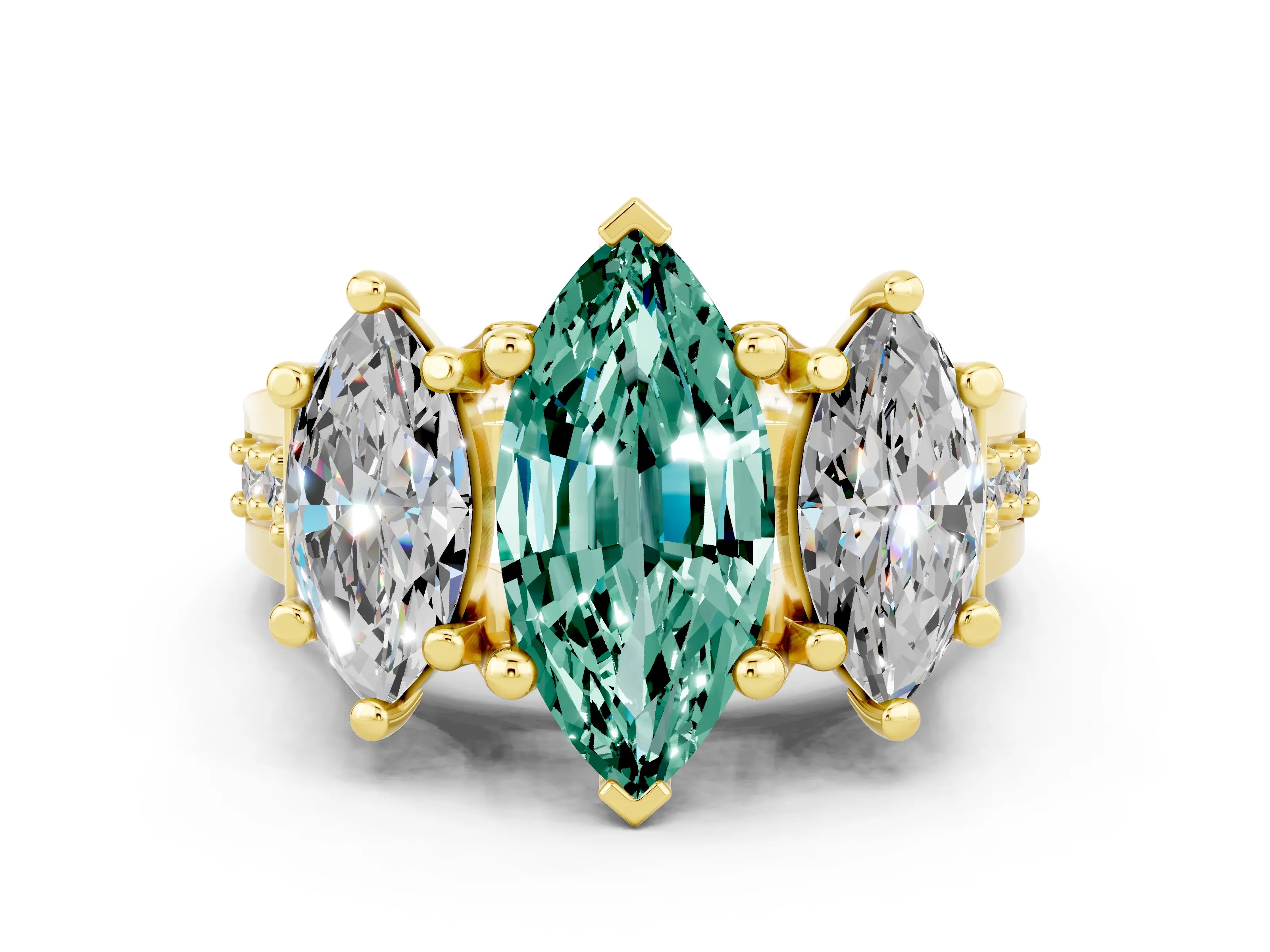 Yellow gold Marquise Cut Green Sapphire Three-Stone Ring with Channel Set Band and Four-Prong Setting