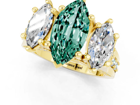 Yellow gold Marquise Cut Green Sapphire Three-Stone Ring with Channel Set Band and Four-Prong Setting_1
