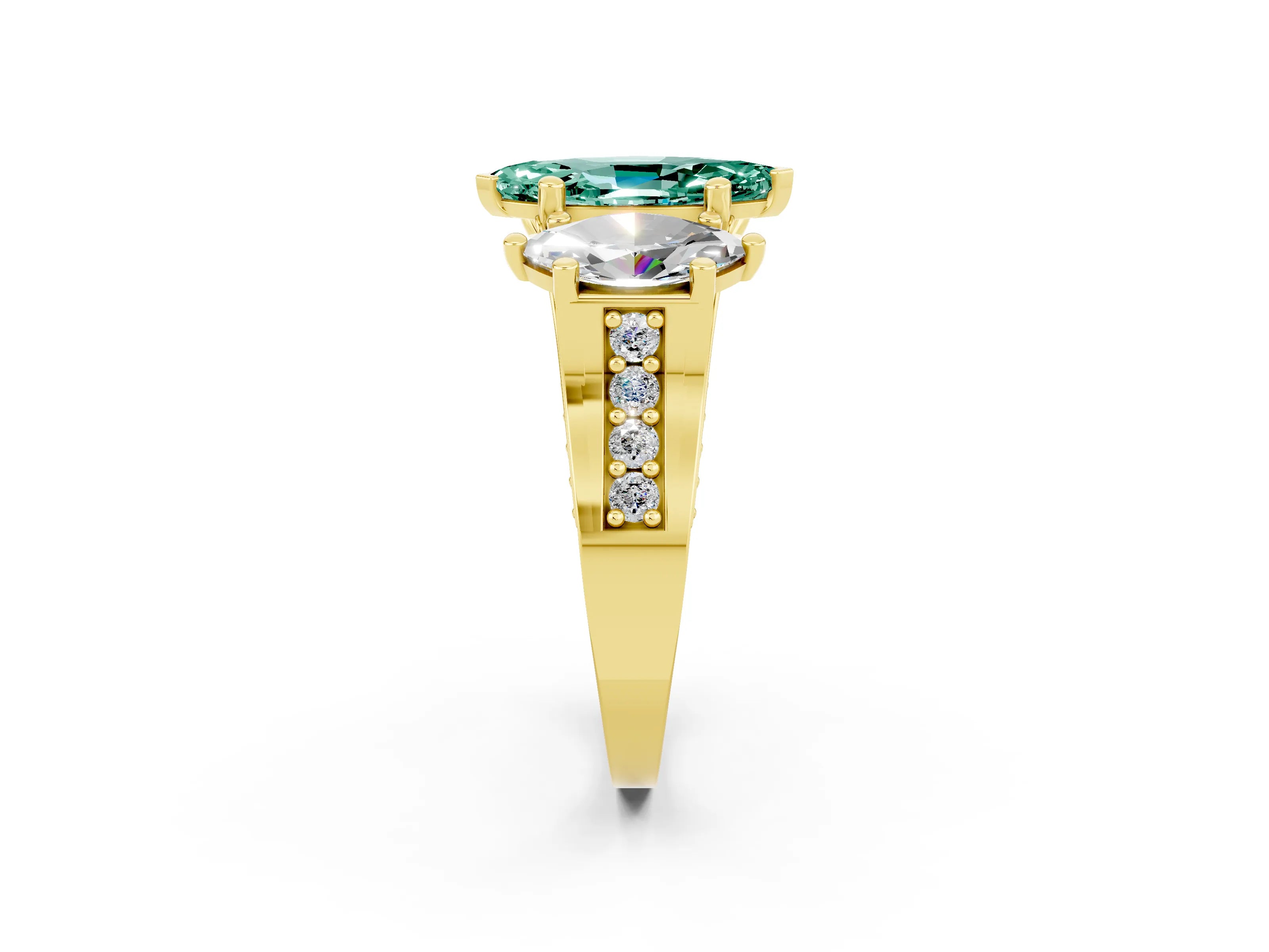 Yellow gold Marquise Cut Green Sapphire Three-Stone Ring with Channel Set Band and Four-Prong Setting_2