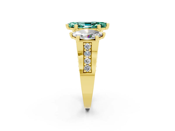 Yellow gold Marquise Cut Green Sapphire Three-Stone Ring with Channel Set Band and Four-Prong Setting