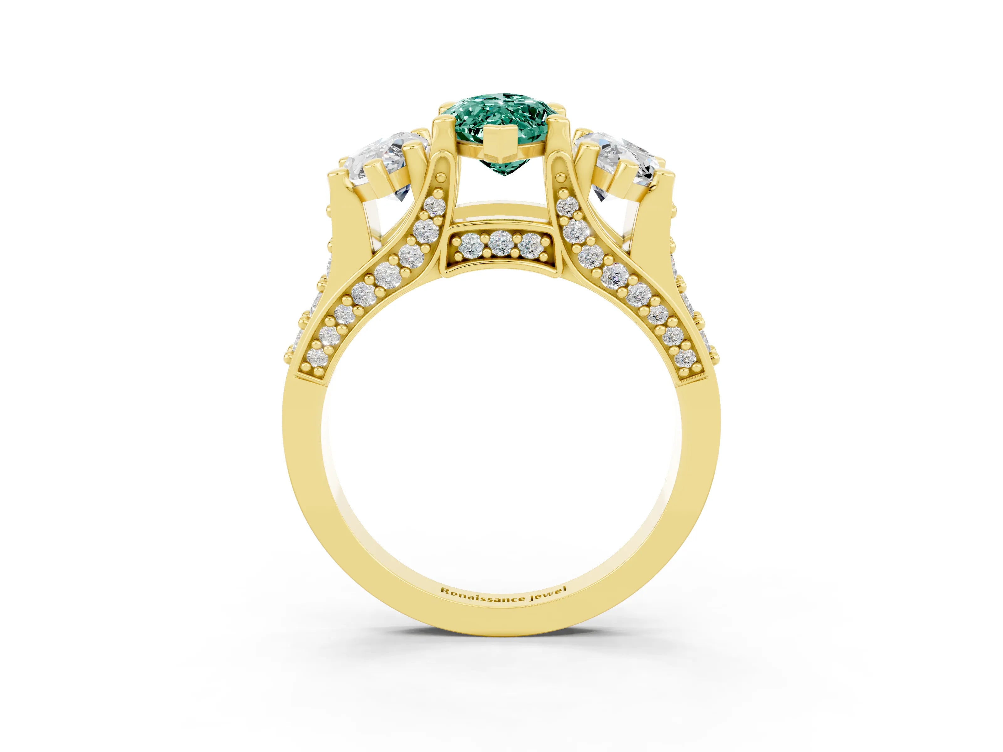 Yellow gold Marquise Cut Green Sapphire Three-Stone Ring with Channel Set Band and Four-Prong Setting_3