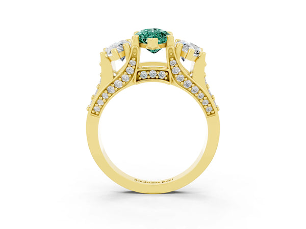 Yellow gold Marquise Cut Green Sapphire Three-Stone Ring with Channel Set Band and Four-Prong Setting
