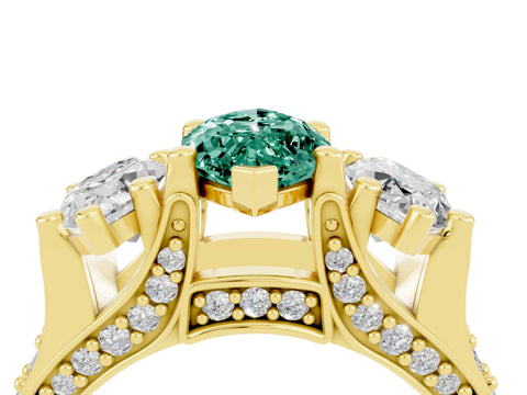 Yellow gold Marquise Cut Green Sapphire Three-Stone Ring with Channel Set Band and Four-Prong Setting_4