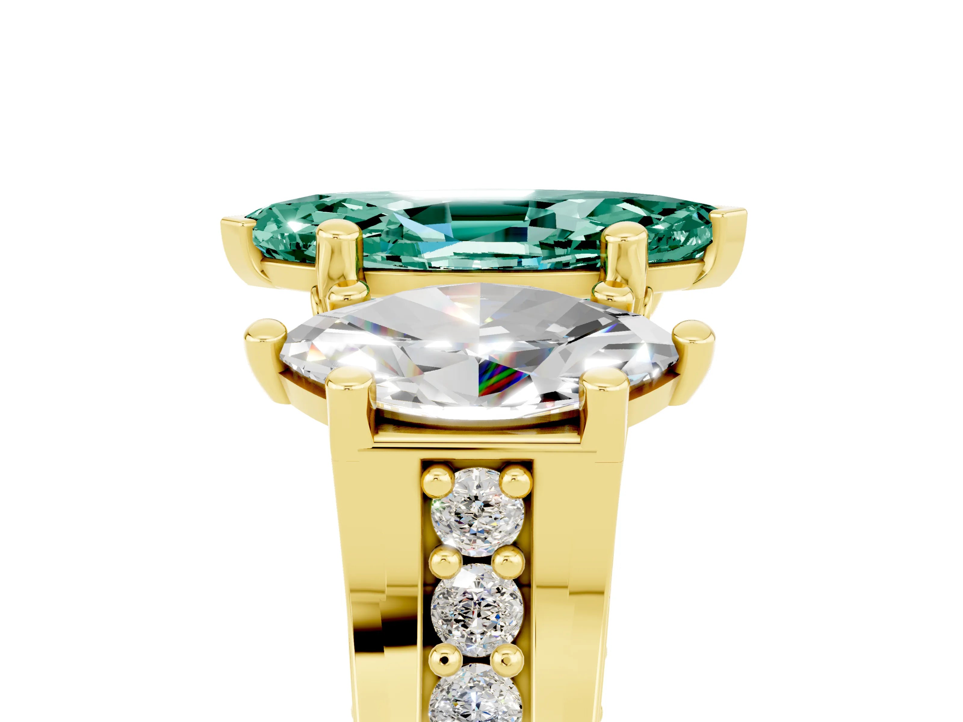 Yellow gold Marquise Cut Green Sapphire Three-Stone Ring with Channel Set Band and Four-Prong Setting_5