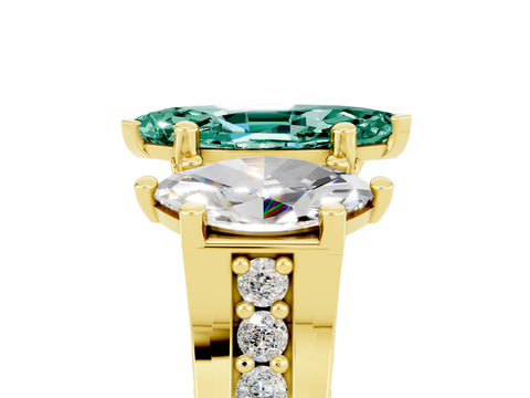 Yellow gold Marquise Cut Green Sapphire Three-Stone Ring with Channel Set Band and Four-Prong Setting_5