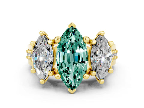 Yellow gold Marquise Cut Green Sapphire Three-Stone Ring with Channel Set Band and Four-Prong Setting