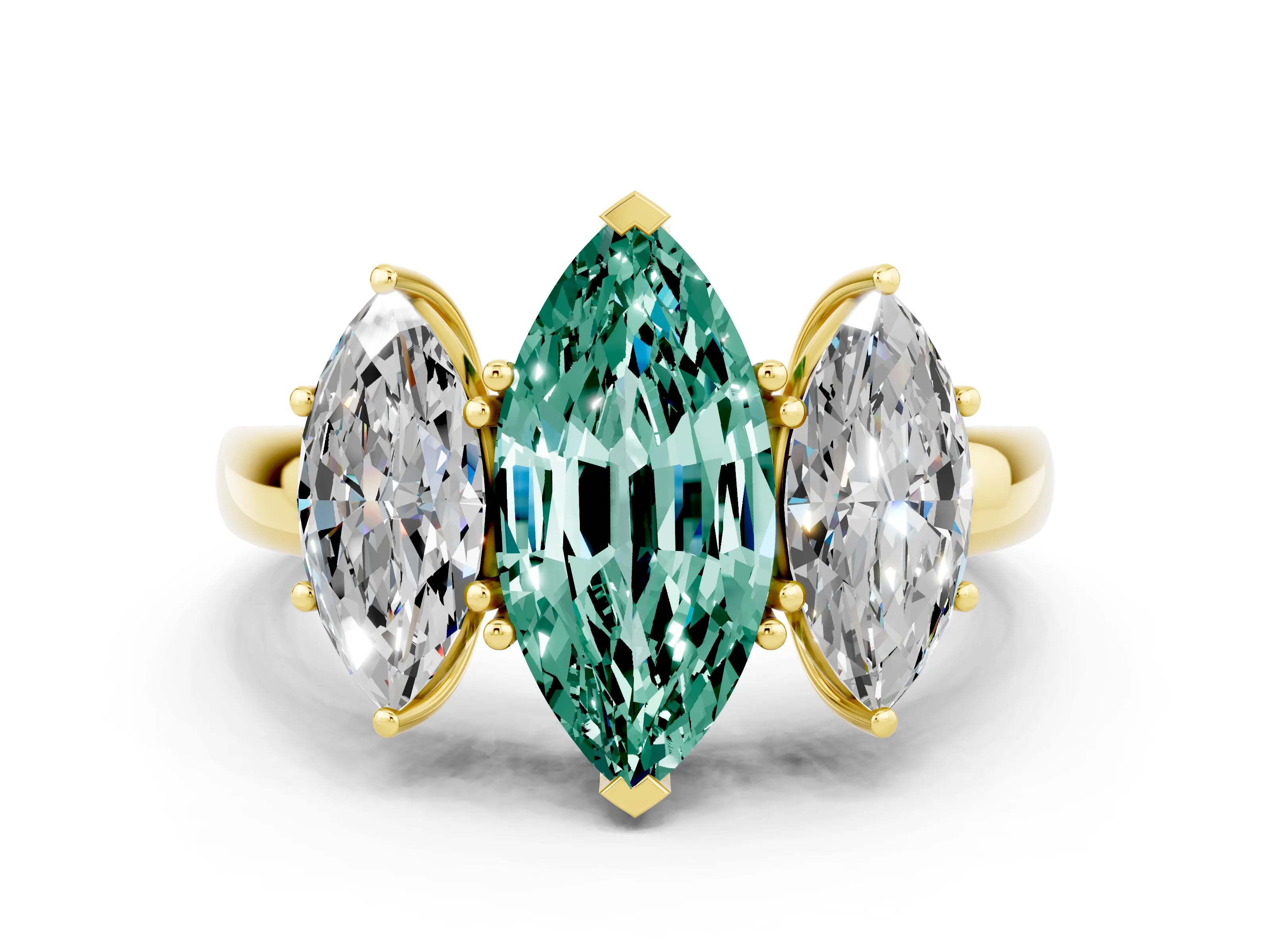 Yellow gold Marquise Cut Green Sapphire Three-Stone Ring with Four-Prong Setting and Classic Band