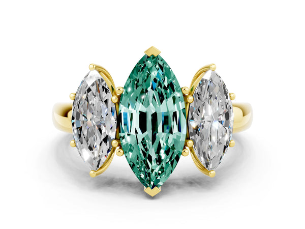 Yellow gold Marquise Cut Green Sapphire Three-Stone Ring with Four-Prong Setting and Classic Band
