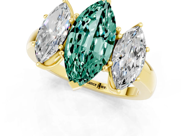 Yellow gold Marquise Cut Green Sapphire Three-Stone Ring with Four-Prong Setting and Classic Band