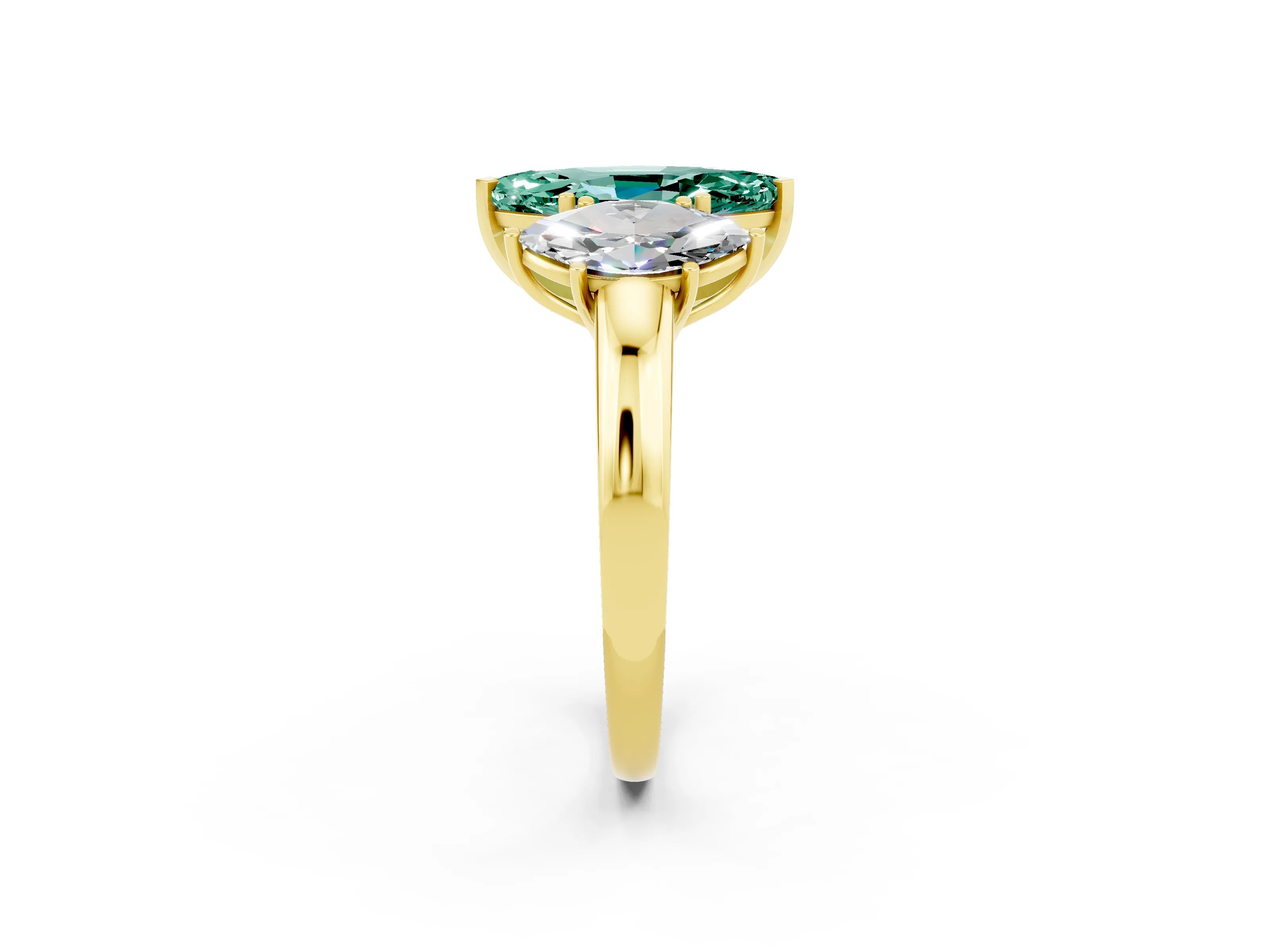 Yellow gold Marquise Cut Green Sapphire Three-Stone Ring with Four-Prong Setting and Classic Band_2