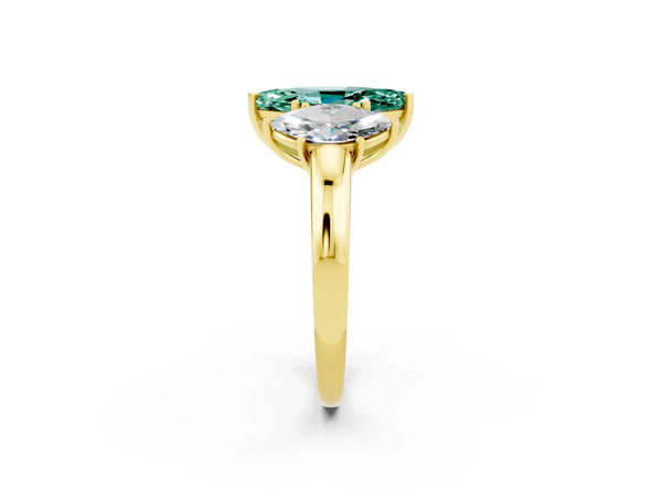 Yellow gold Marquise Cut Green Sapphire Three-Stone Ring with Four-Prong Setting and Classic Band