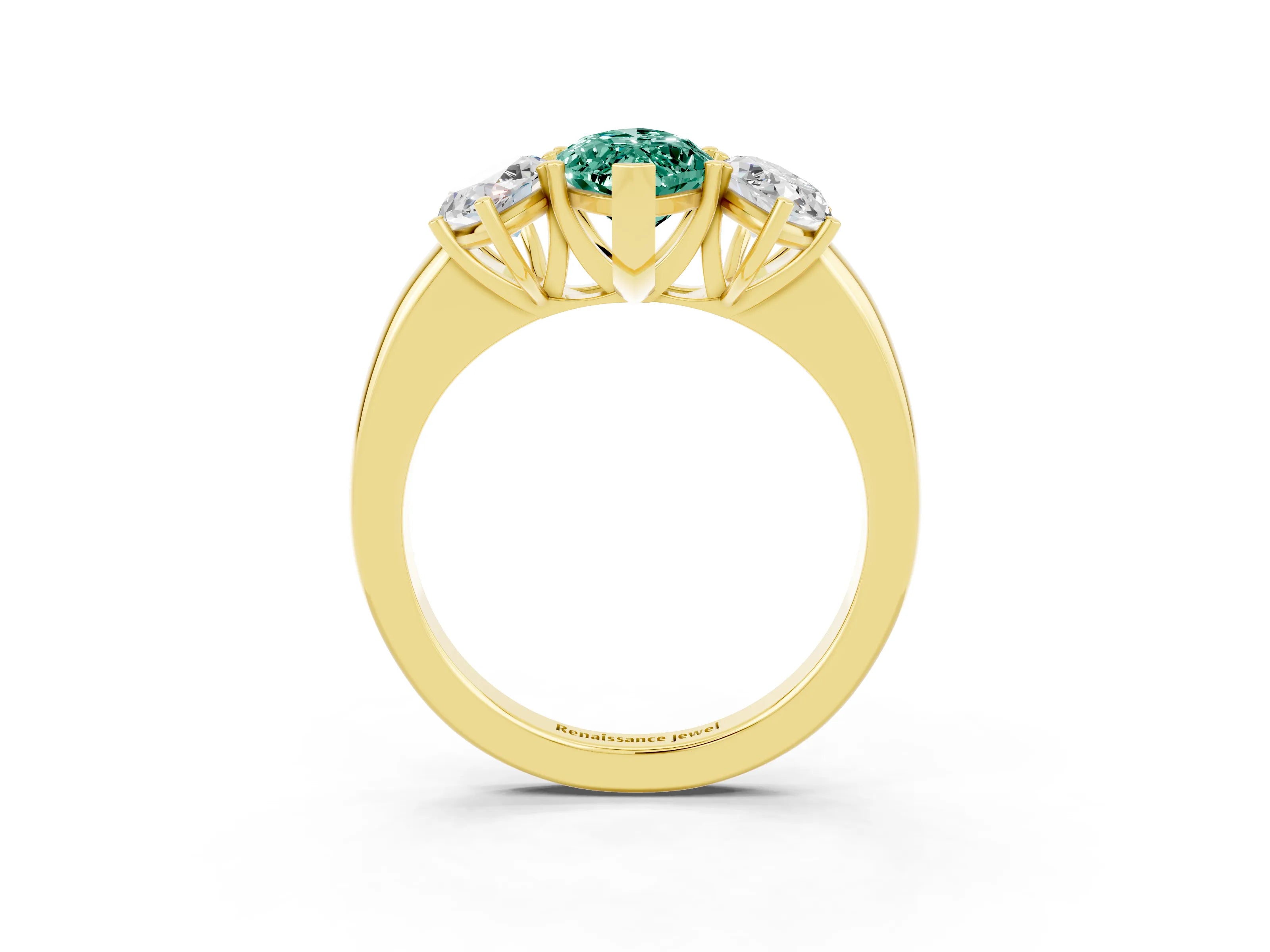 Yellow gold Marquise Cut Green Sapphire Three-Stone Ring with Four-Prong Setting and Classic Band_3